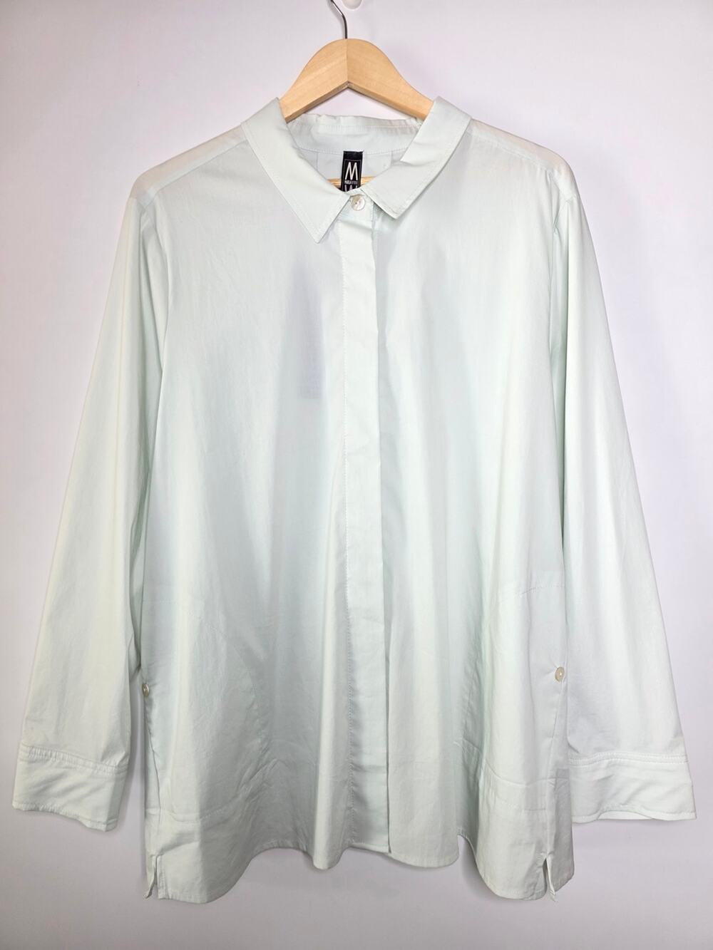 MarlaWynne Light Mint green Poplin Stretch Button-Back Long Sleeve Blouse Pocket
